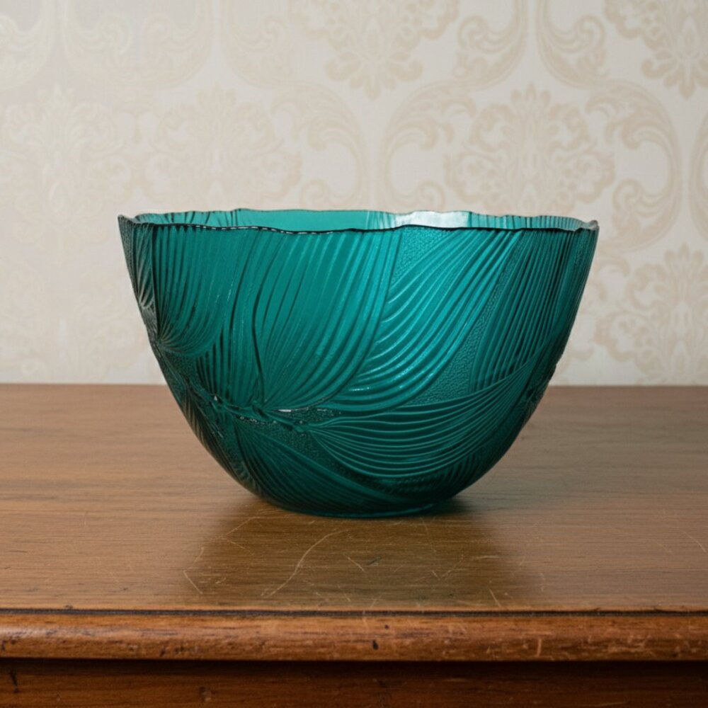 Vintage Teal Green Leaf Embossed Serving Bowl 9" Bamboo MCM Mid Century Decor